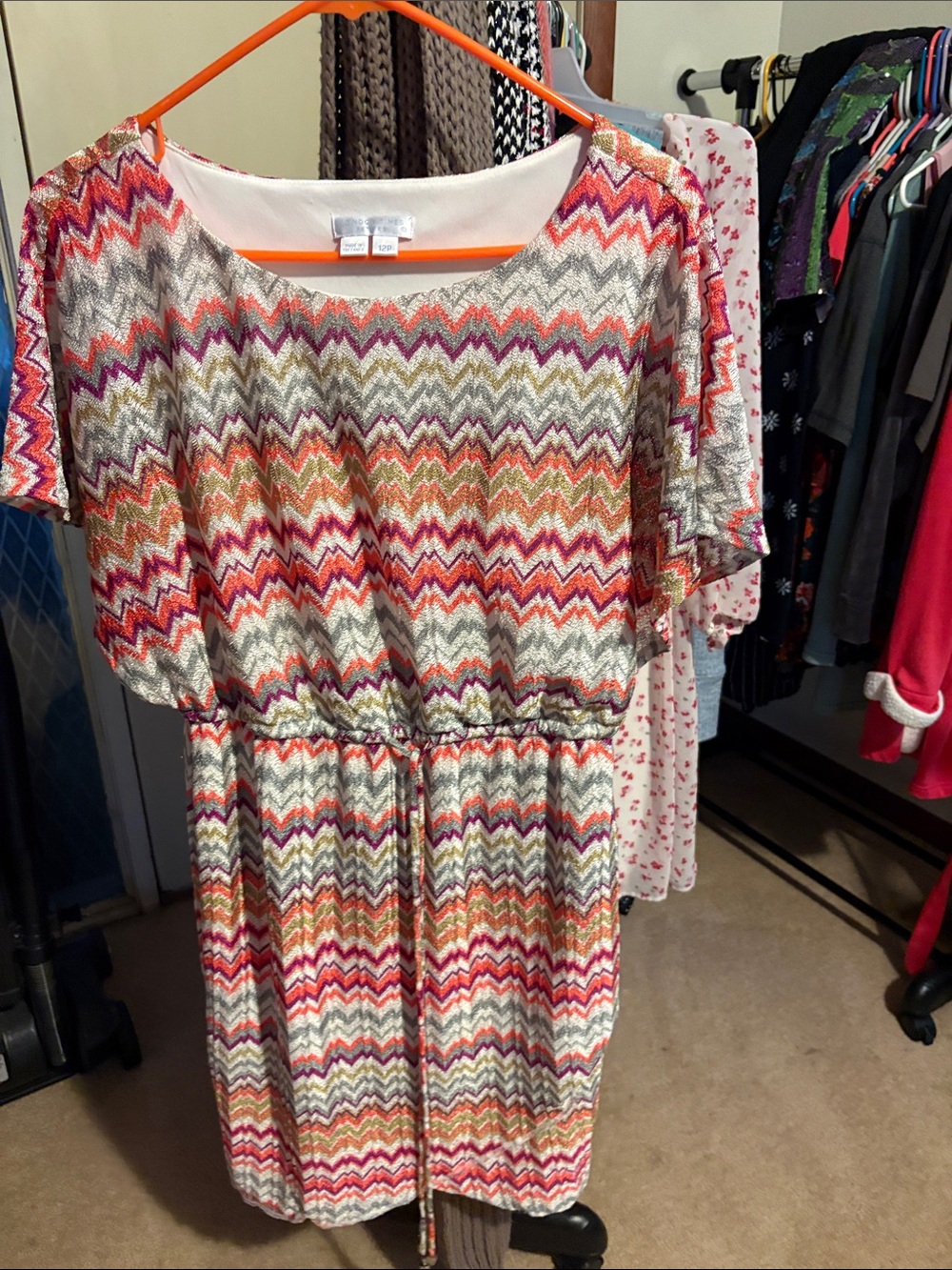 London Times Chevron Tie-Waist Dress in Multi Stripe Colors size 12 petite